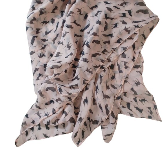 Cat Print Pink Black Chiffon Long Scarf Lightweight Wrap Whimsical Silhouettes - Picture 3 of 10
